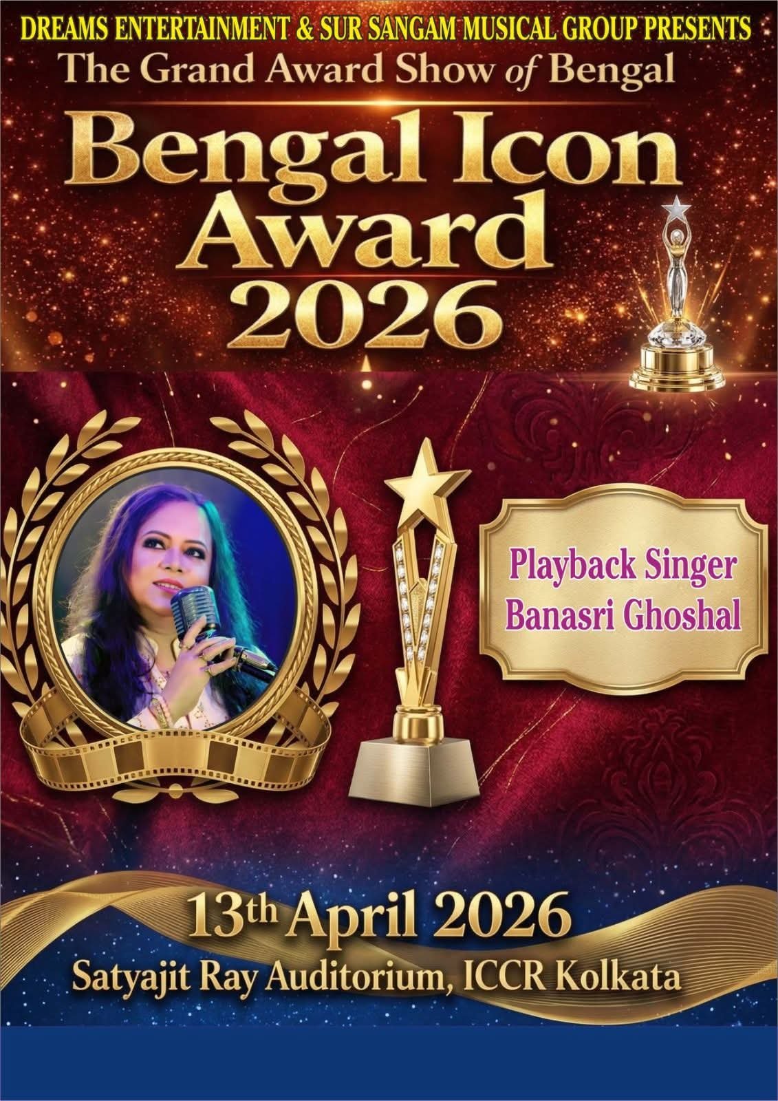 Poster of the Bengal Icon Award 2026 naming Banasri Ghoshal as playback singer