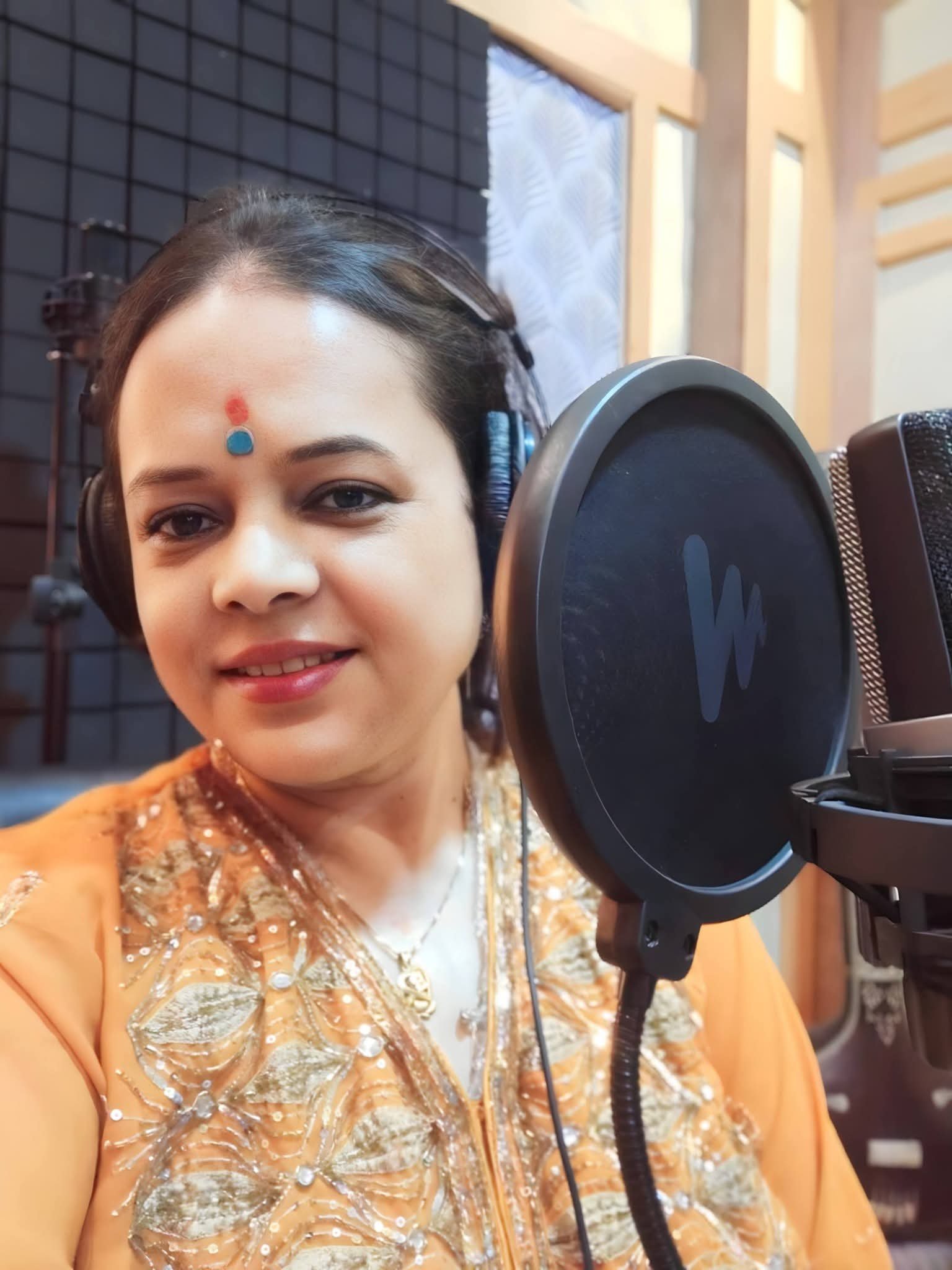 Banasri Ghoshal recording vocals in the studio